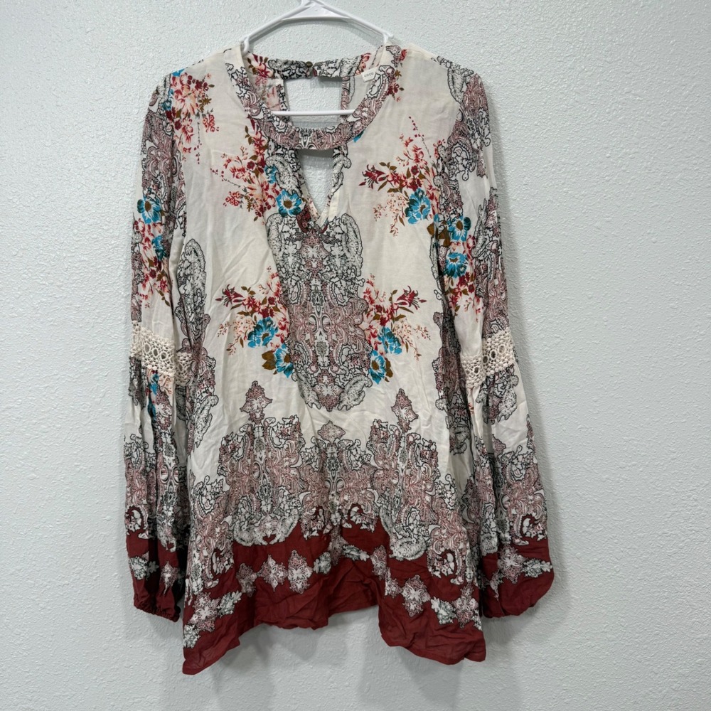 Coco + Jaimeson Womens Boho Paisley Floral Bell Sleeve Blouse Red Blue Large